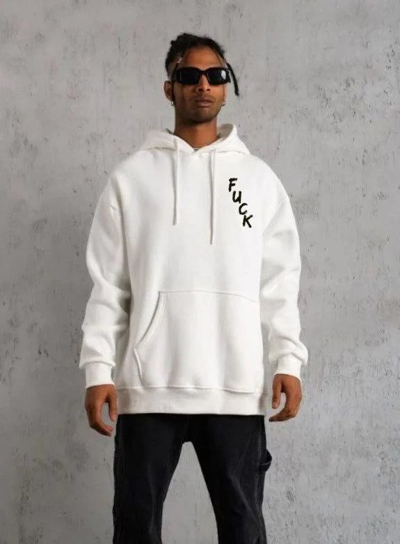 Erkek Beyaz Oversize 3 İplik Pamuklu Kapüşonlu Baskılı Cepli Sweatshirt