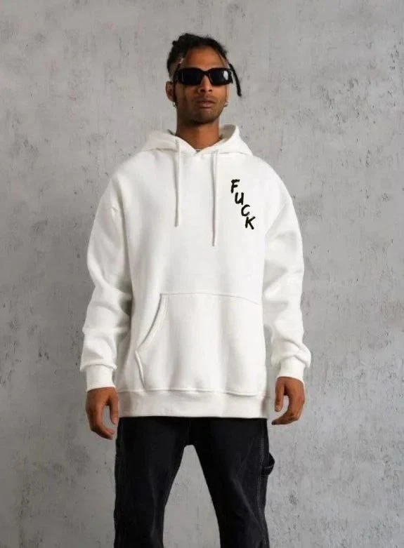 Sweatshirtê Mêran ê Spî Oversize 3 Têl Pembû Bi Kapsûn, Çapkirî û Bêrîk