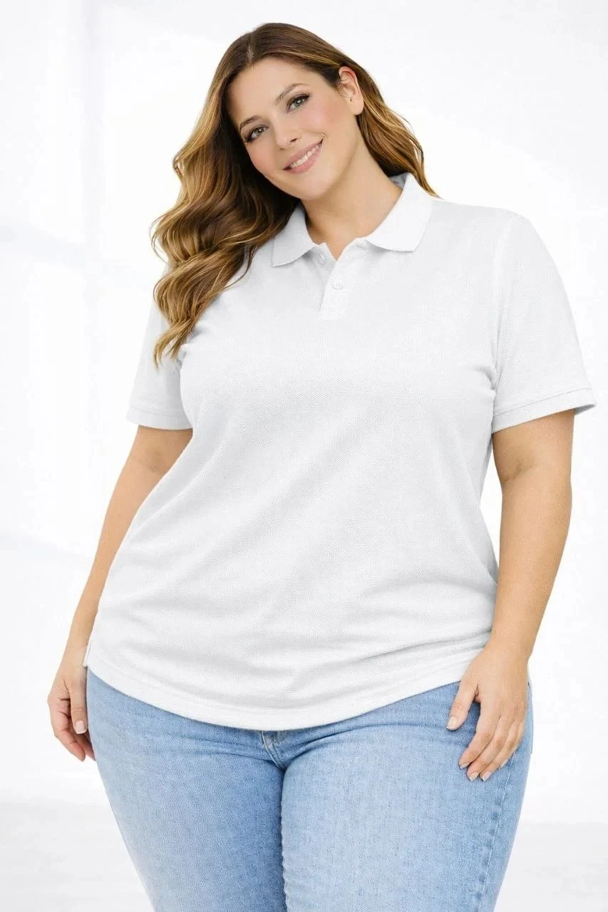 Women's White Plus Size Pique Fabric Polo Neck Short Sleeve T-Shirt