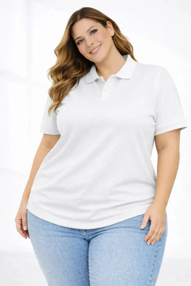 Women's White Plus Size Pique Fabric Polo Neck Short Sleeve T-Shirt 1