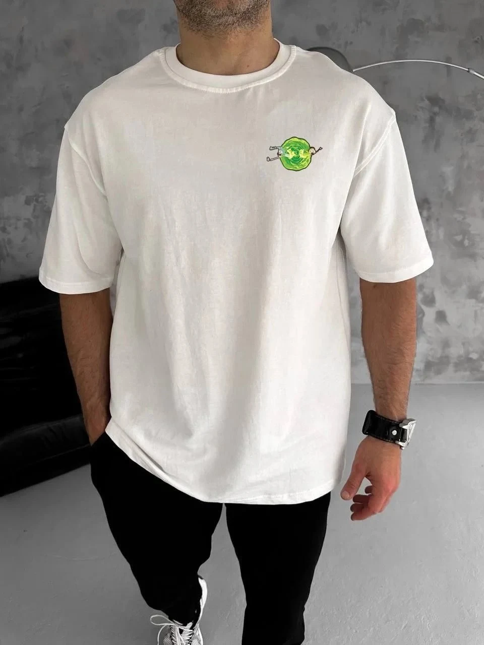 Bărbat Alb Guler Bicicletă Rick and Morty Imprimat Tricou