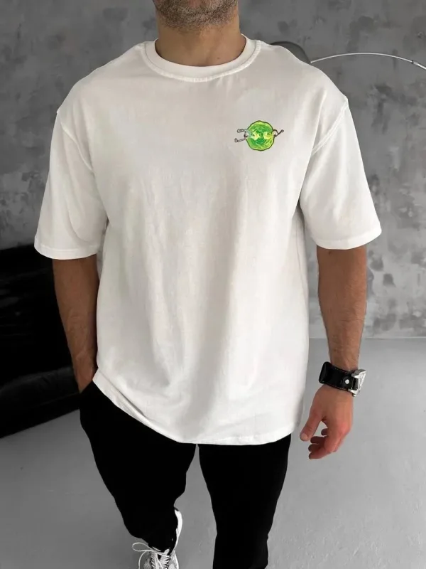 Bărbat Alb Guler Bicicletă Rick and Morty Imprimat Tricou 1