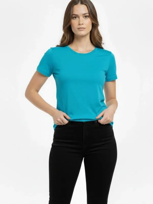 Dámské tyrkysové slim fit tričko s lycrou a cyklistickým výstřihem basic 2