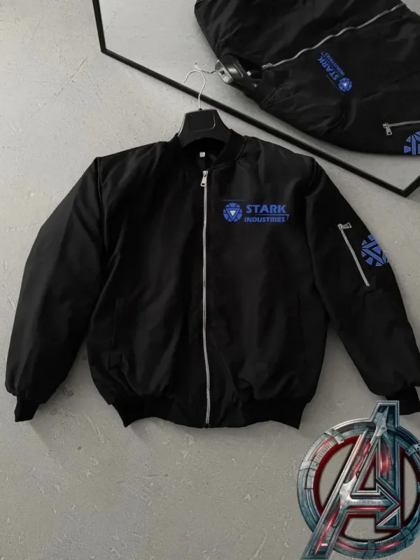 Pánská černá prošívaná bunda bomber se zipem, kapsami 4