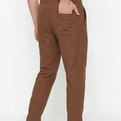 Muške smeđe lanene pantalone sa džepovima, elastičnim strukom i vezicama 4