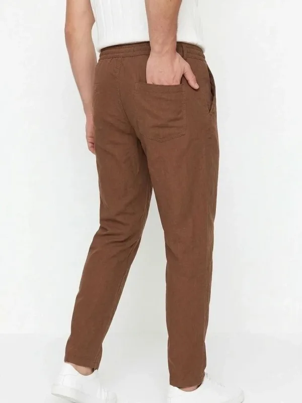 Muške smeđe lanene pantalone sa džepovima, elastičnim strukom i vezicama 4