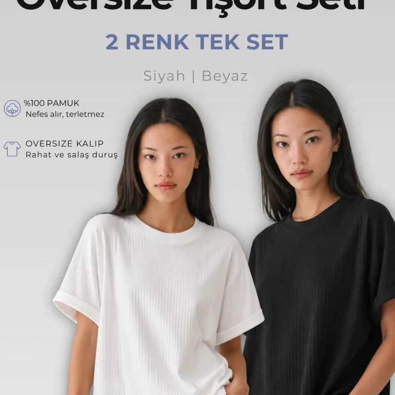 Donna 2 Pezzi Costina Oversize T-Shirt Set 100% Cotone Quotidiano Basic Nero Bianco