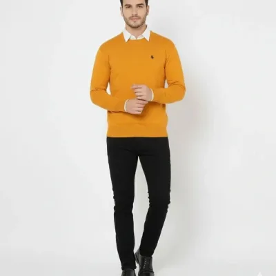 Men's Orange Bicycle Neck Embroidered Knit Sweater 2