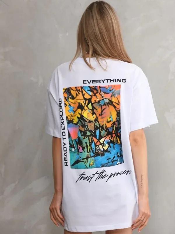 Женски Бел Oversize Бициклета Јака Печатена Маица 7