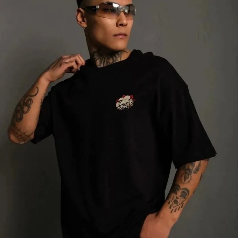 Men's Black Crew Neck Skull Print Oversize T-Shirt