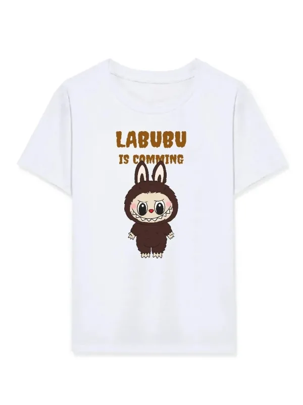 Девојче бел Labubu печатен oversize детски маица 1