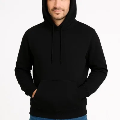 Bărbat Negru 3 Fire Bumbac Glugă Buzunar Cangur Sweatshirt 2
