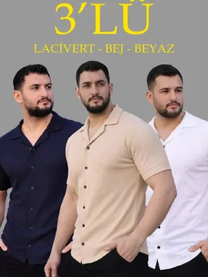 Ανδρικό Σετ 3 Τεμαχίων Πουκάμισα με Waffle Ύφασμα, Γιακά, Κοντά Μανίκια και Κουμπιά