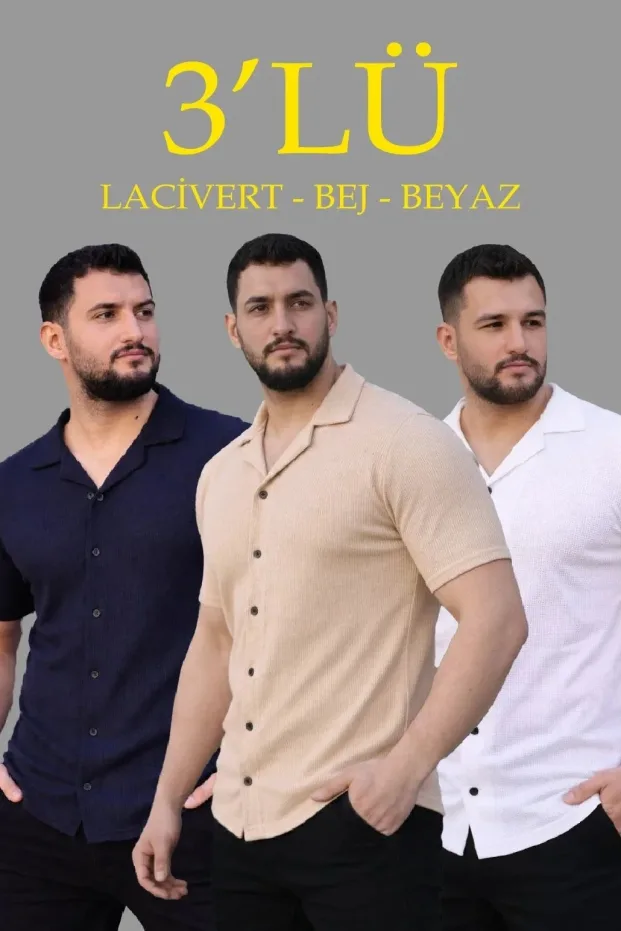 Erkek 3'lü Set Waffle Kumaş Yakalı Kısa Kol Düğmeli Gömlek 1