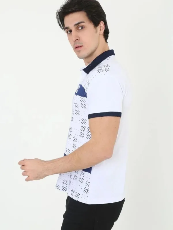 Férfi Fehér Slim Fit Nyomott Polo Galléros Rövid Ujjú Póló 3