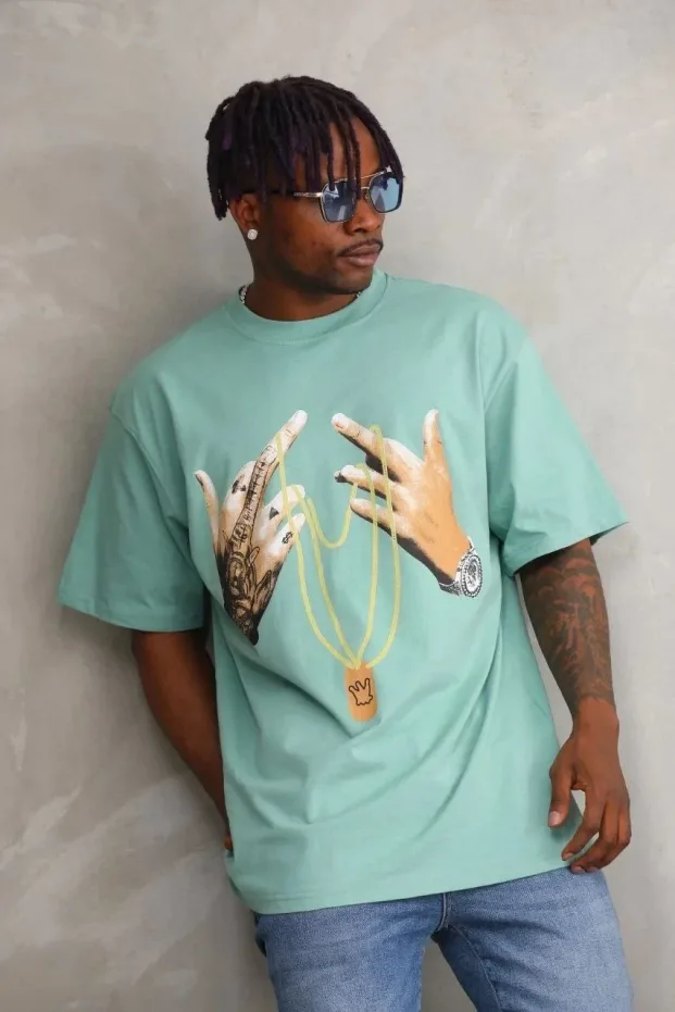 Men's Mint Green Oversize Crew Neck Printed T-Shirt 1