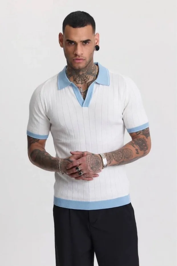 Biały męski toskańska dzianina basic krótki rękaw polo golfowy T-shirt 3