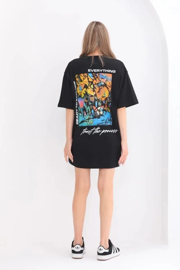 Femeie Neagră Oversize Guler Bicicletă Tricou Imprimat 7