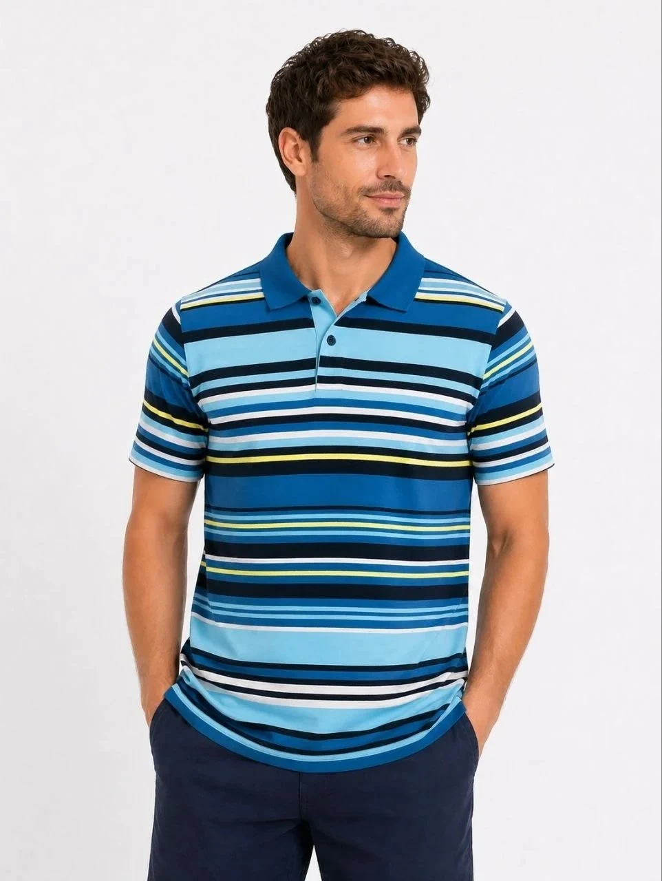 Męska niebieska regular fit koszulka polo w paski, krótki rękaw