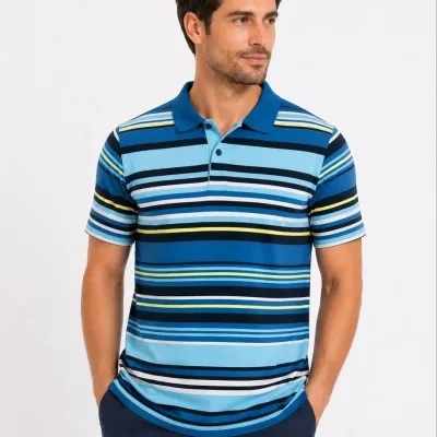 Męska niebieska regular fit koszulka polo w paski, krótki rękaw 1