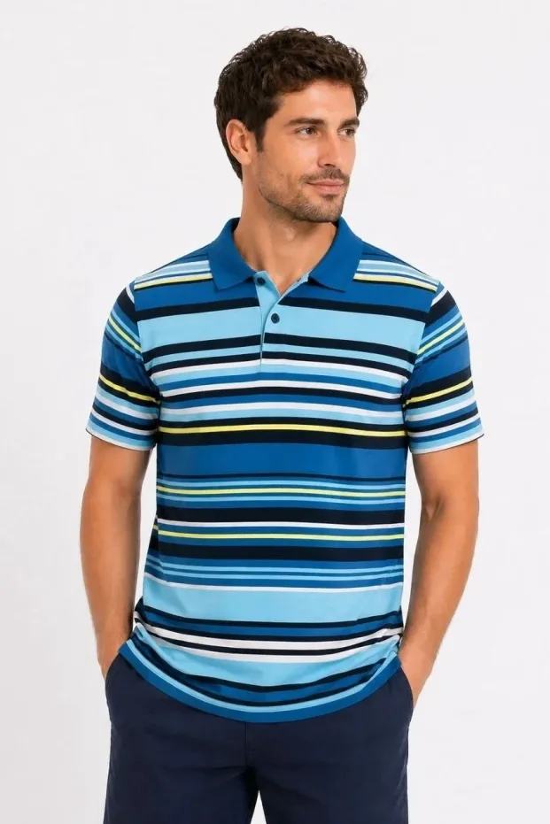 Erkek Mavi Regular Fit Çizgili Polo Yaka Kısa Kol Tişört 1