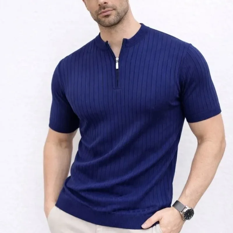 Man Navy Ribbed Short Sleeve Hakim Collar Knit T-Shirt