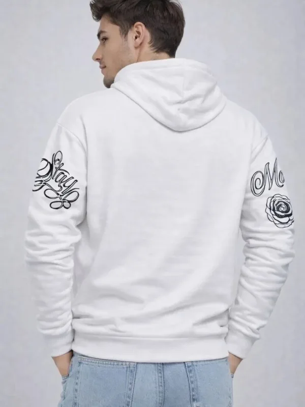 Muški bijeli 3-nitni pamučni kapuljačasti tiskani sweatshirt 2
