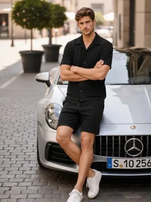 Men's Black Regular Waffle Fabric Short Sleeve Shirt Shorts Set