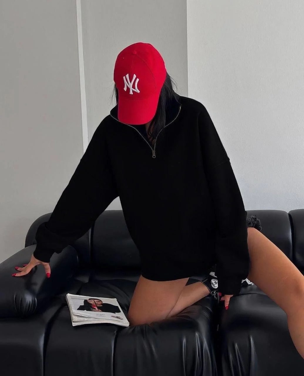 Kadın Siyah Oversize Yarım Fermuarlı Pamuklu Sweatshirt