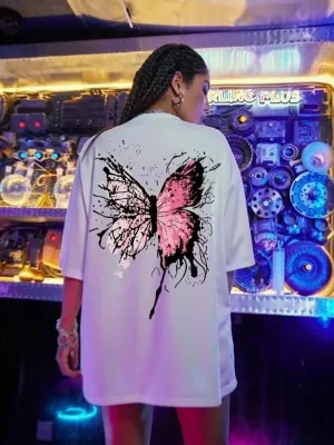 Femeie Albă Guler Bicicletă Fluture Imprimat Oversize Tricou