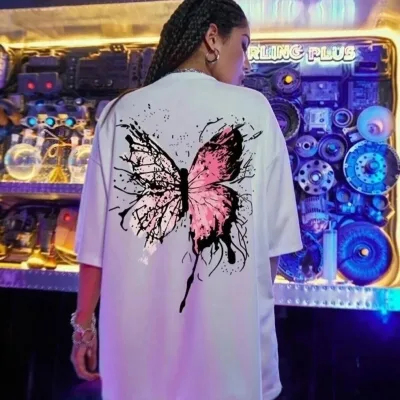 Femeie Albă Guler Bicicletă Fluture Imprimat Oversize Tricou 1