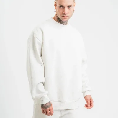 Men's White 3-Thread Cotton Washed Crew Neck Sweatshirt 6