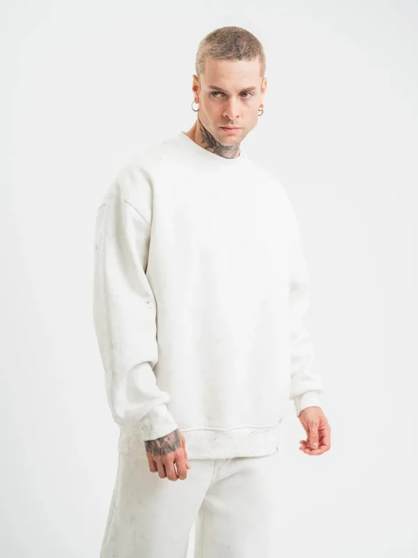 Men's White 3-Thread Cotton Washed Crew Neck Sweatshirt 6