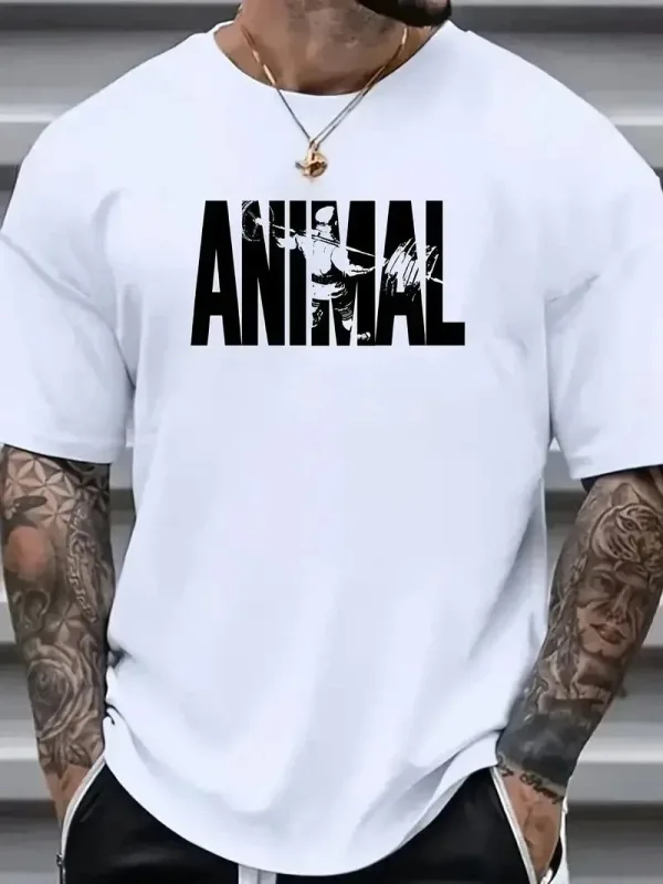 Férfi Fehér Oversize Kerékpárnyakú Állatmintás Póló 1