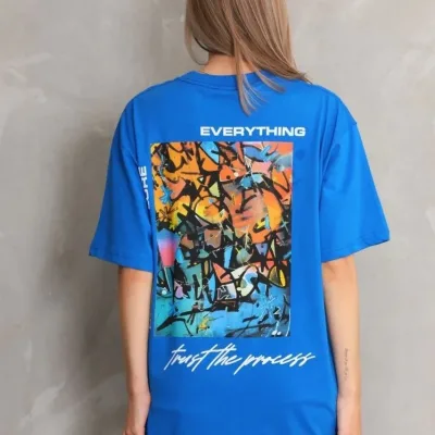 Женски Син Oversize Бициклета Јака Печатена Маица 7
