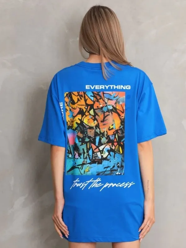 Женски Син Oversize Бициклета Јака Печатена Маица 7