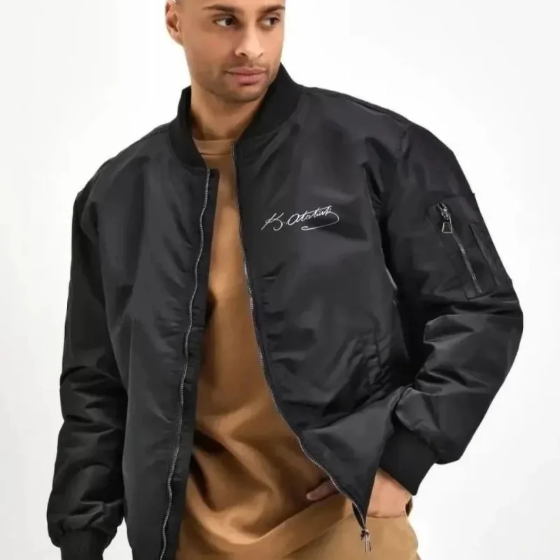 Pánská černá bunda bomber s potiskem siluety Atatürka, zipem, kapsami