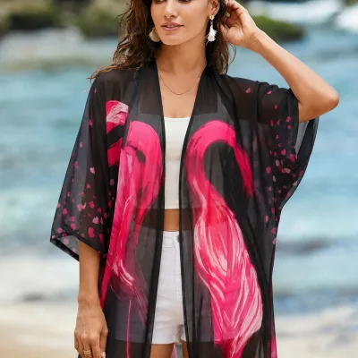 Női Fekete Kényelmes Szabású Sifon Kimono Ruha 2