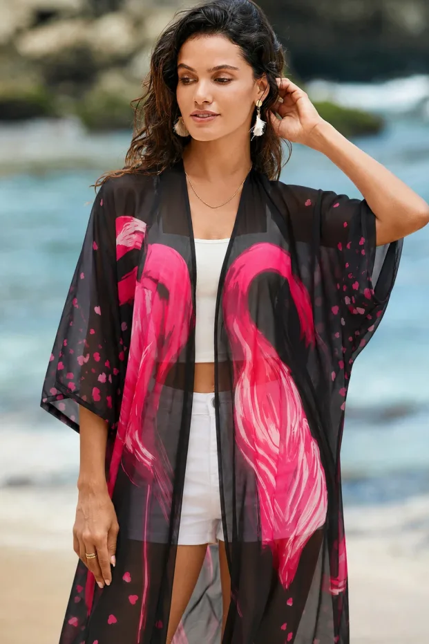 Női Fekete Kényelmes Szabású Sifon Kimono Ruha 2
