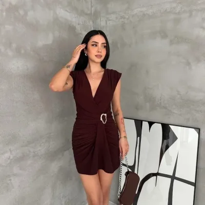 Qadın Qəhvəyi Kruvaze Drapeli Tokalı Mini Abiye Don 4