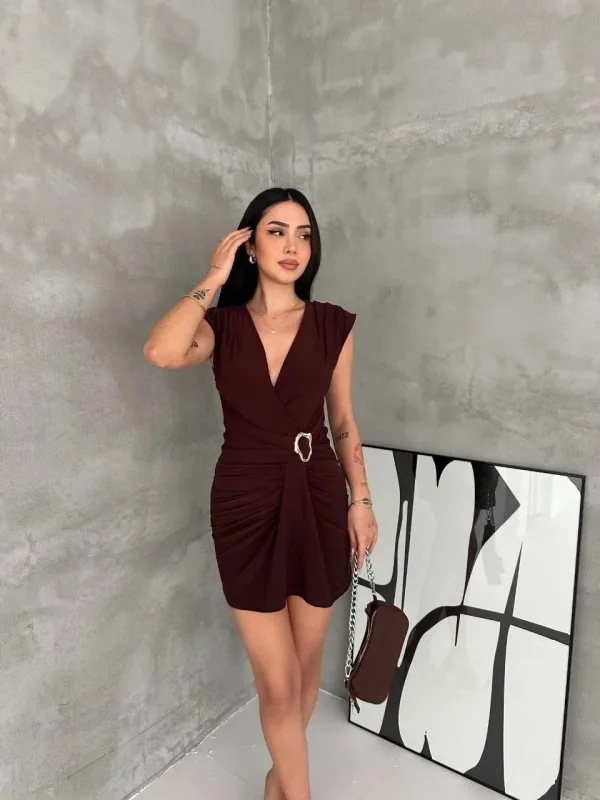 Qadın Qəhvəyi Kruvaze Drapeli Tokalı Mini Abiye Don 4