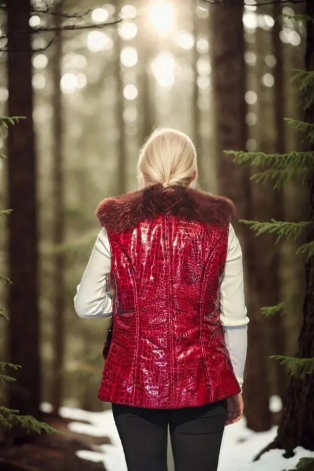Women's Red Genuine Fur Sleeveless Zippered Vest 2