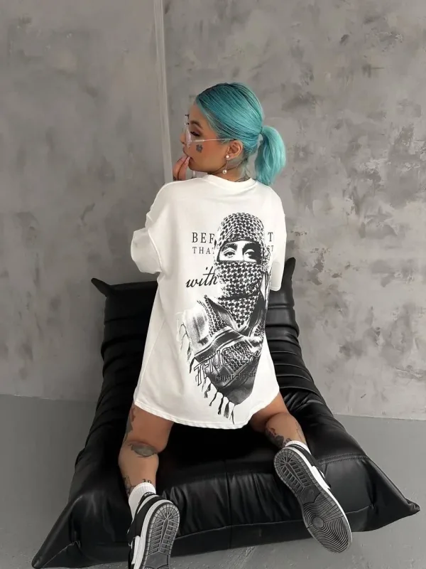 Ženski beli Bicikli kragna Palestina print kratki rukav majica 1