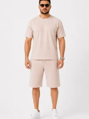 Men's Beige Two-Thread Fabric Bicycle Neck T-Shirt Pocket Knee-Length Shorts Set