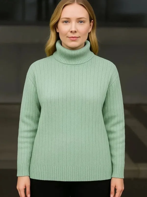 Women's Mint Green Ribbed Turtleneck Thick Knit Sweater 1