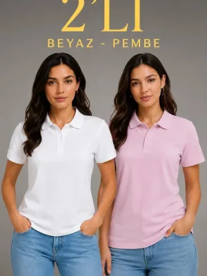 Women's 2-Piece Set Pique Fabric Polo Neck Button Basic T-Shirt