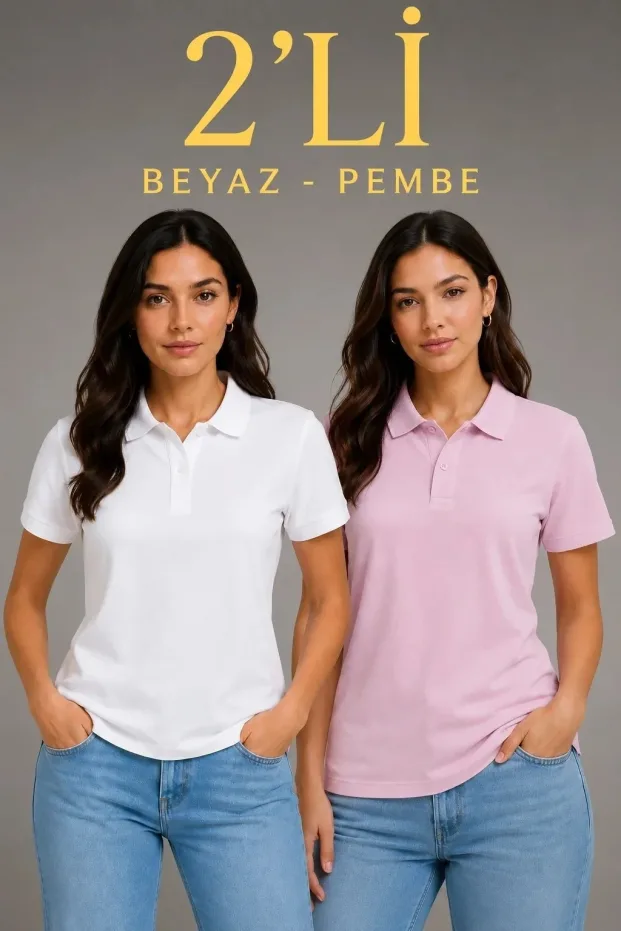 Ženski 2-komplet Pike Tkanina Polo Vrata Dugmad Basic Majica 1