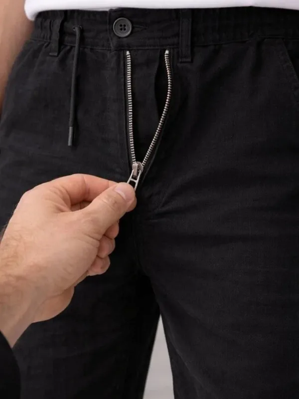 Pánske čierne ľanové elastický pás so šnúrkami vreckové nohavice 2