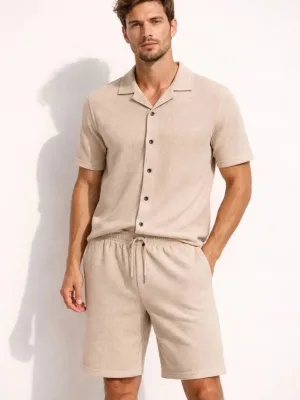 Men's Beige Regular Waffle Fabric Short Sleeve Shirt Shorts Set