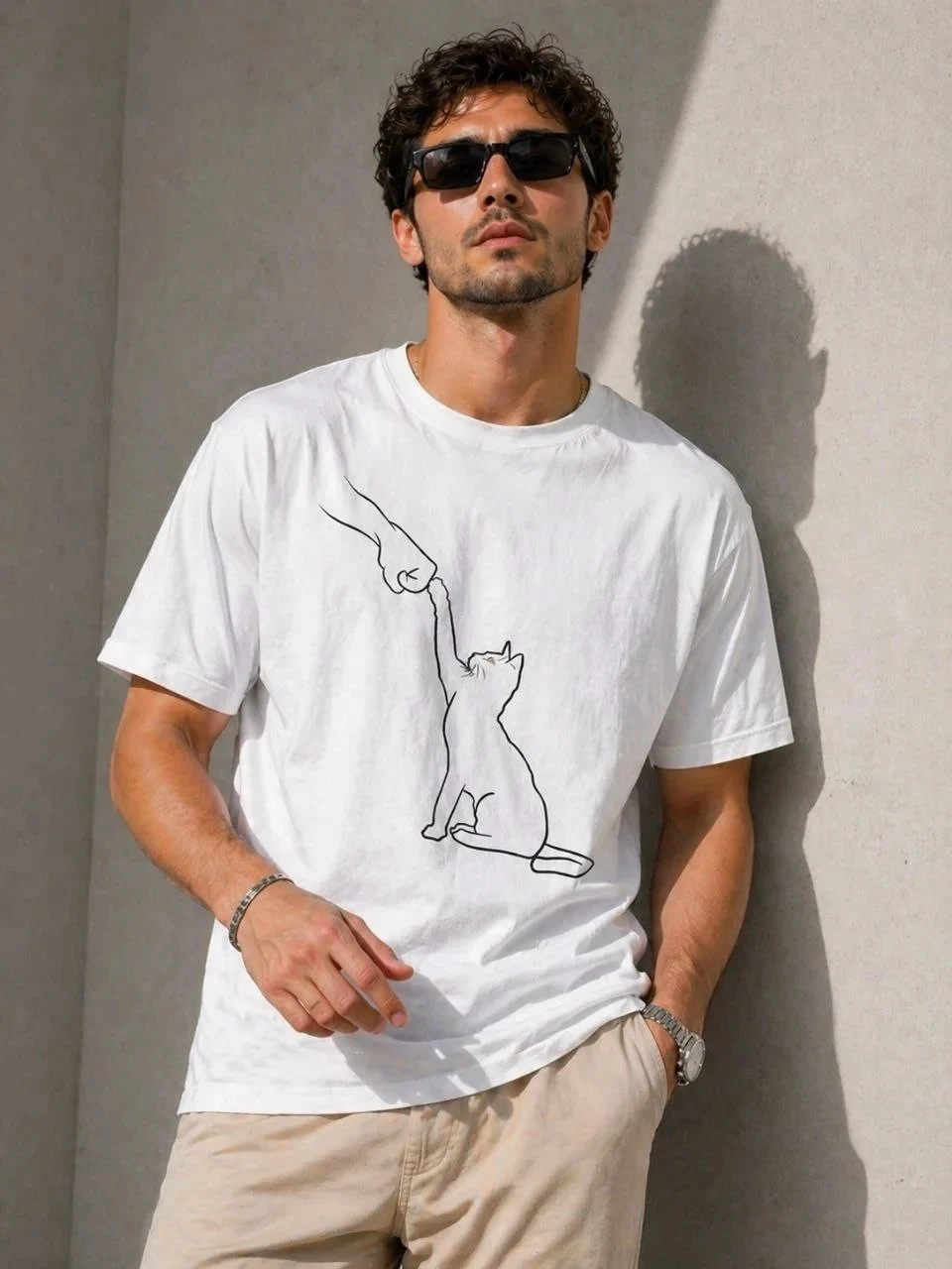 Men's White Oversize Cat Printed Short Sleeve T-Shirt